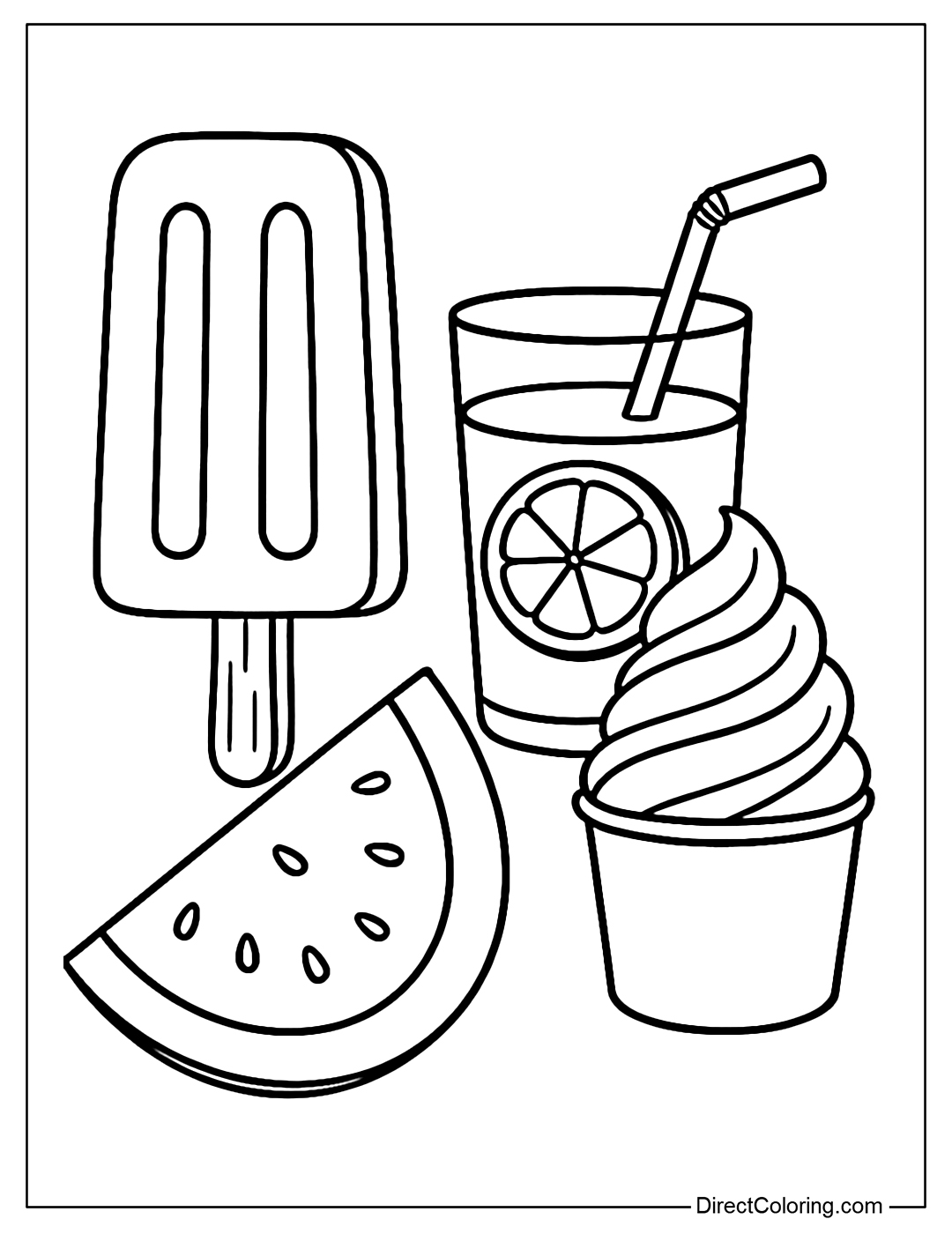 Popsicle coloring page next to watermelon, orange juice and ice cream.